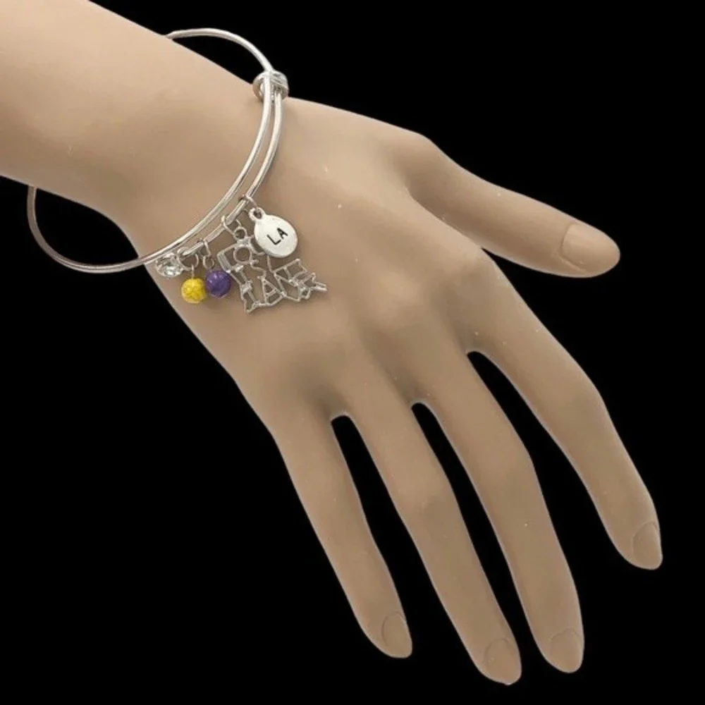 🌼 Louisiana State Shape Silver Charm Bangle Bracelet LSU